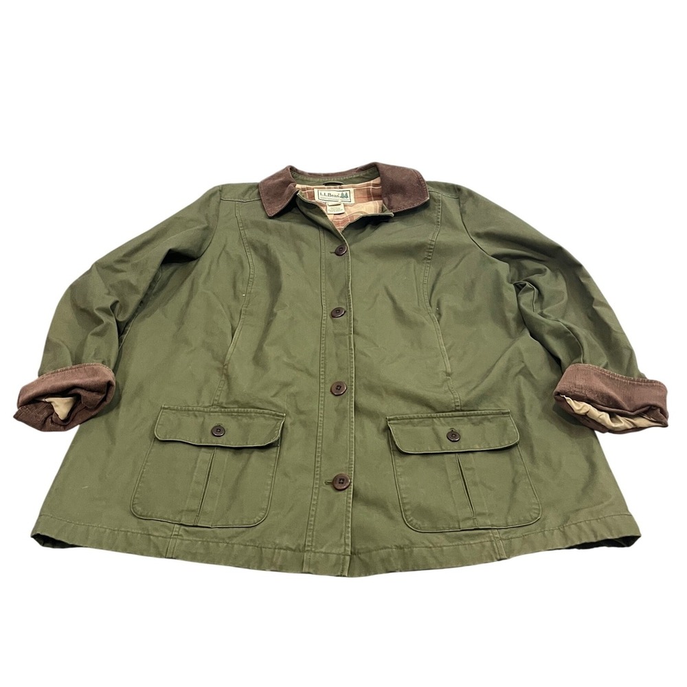LL Bean Field Jacket Womens 2X Green Barn Coat Plaid Lined Corduroy Collar